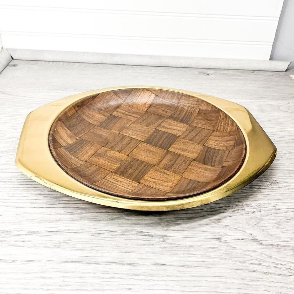 Midcentury Modern Brass Serving Tray with Wood Insert: Gold Coffee Table Decor